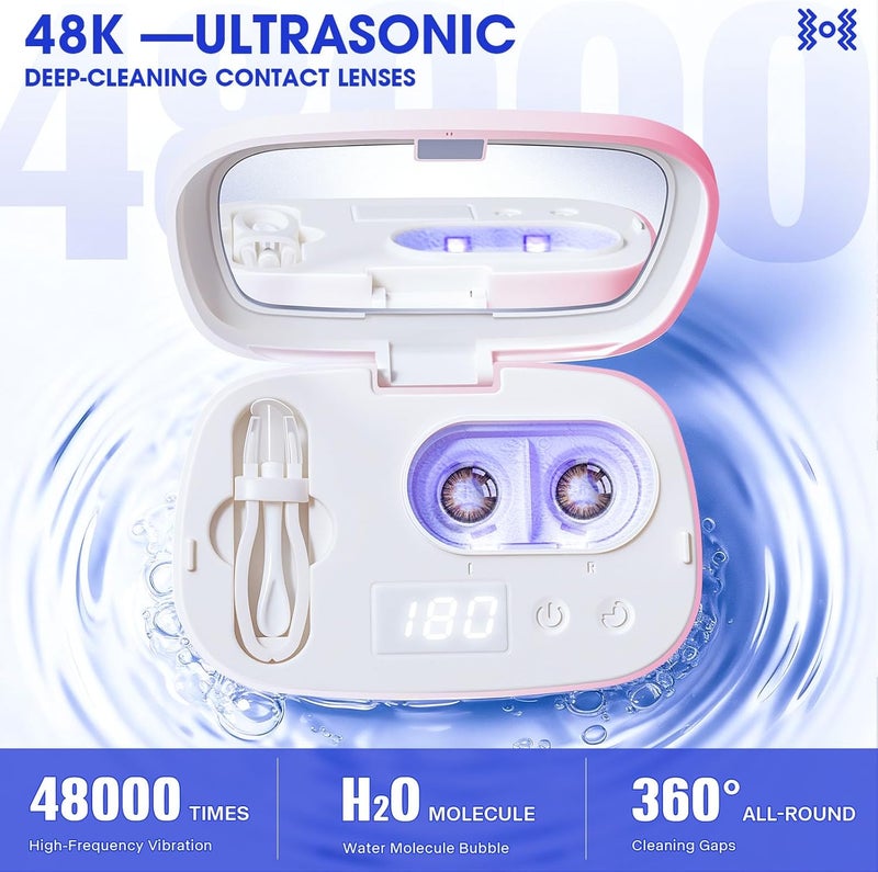 ALLGLAM Portable Contact Lens Cleaner, Automatic Ultrasonic Contact Lens Cleaner Machine with USB Charger, LED Timer Display for Soft Lenses, Colored Contact Lenses Cleaning(Pink) - Image 3
